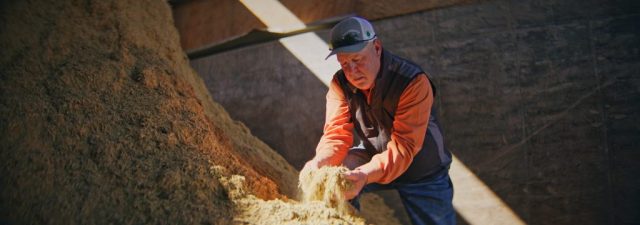 Dairy farm worker in cap and orange jacket handling feed by hand at Shamrock Farms in Arizona, captured during branded documentary production by NewLeaf Production Group