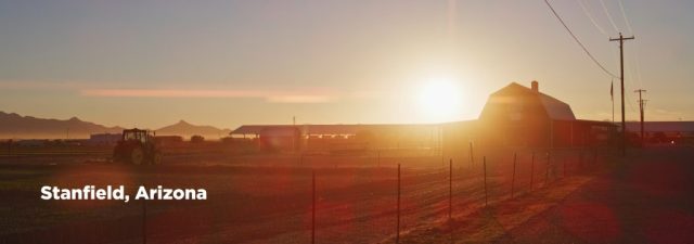 Golden sunrise over Shamrock Farms dairy in Stanfield Arizona with tractor and farm buildings silhouetted against the morning sky, captured during branded documentary production by NewLeaf Production Group